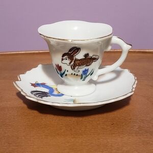 Vintage Miniature Teacup and Saucer Mismatched Rooster Rabbit